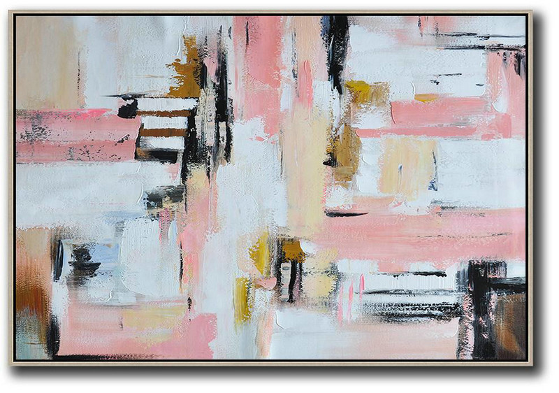 Living Room Wall Art,Oversized Horizontal Contemporary Art,Large Wall Canvas,White,Pink,Light Yellow,Black,Brown.Etc